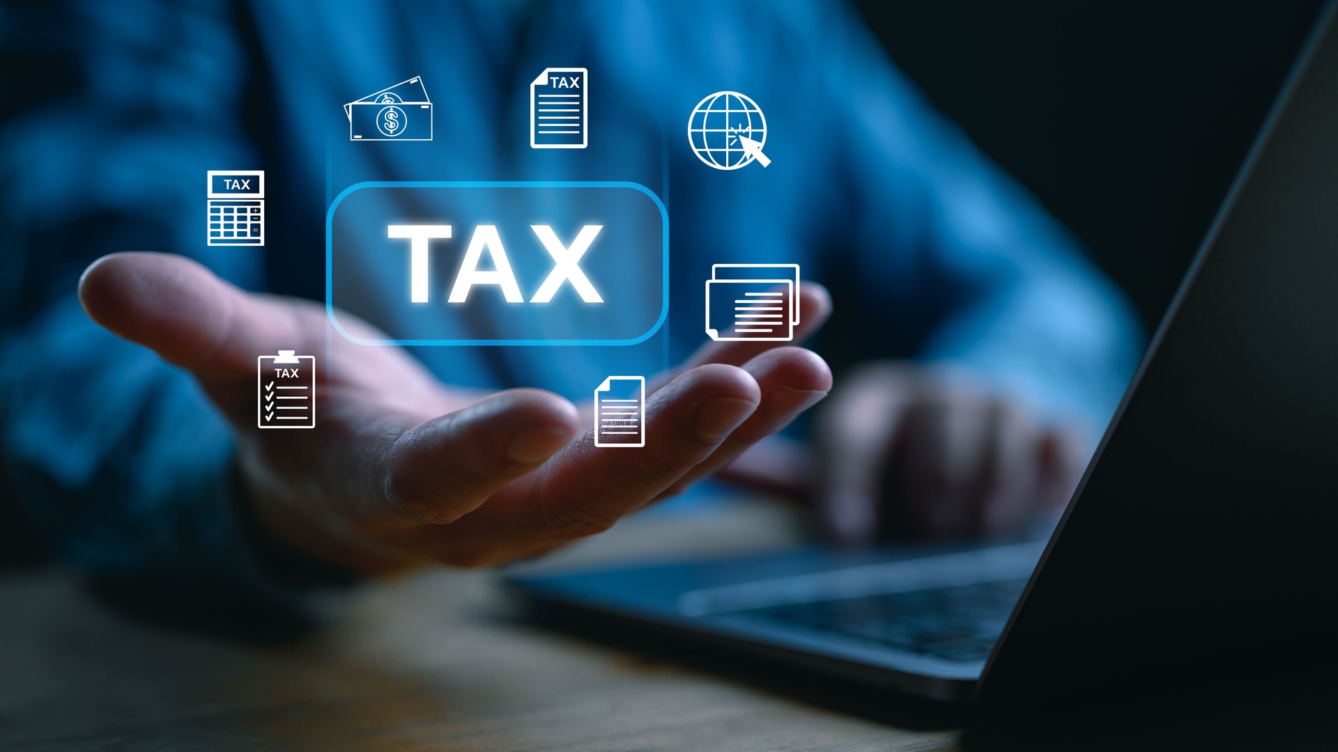 E-tax, Businessman show TAX for Individual income tax return form online for tax payment concept. Government, state taxes. Data analysis, paperwork, financial research, report. Calculation tax return.